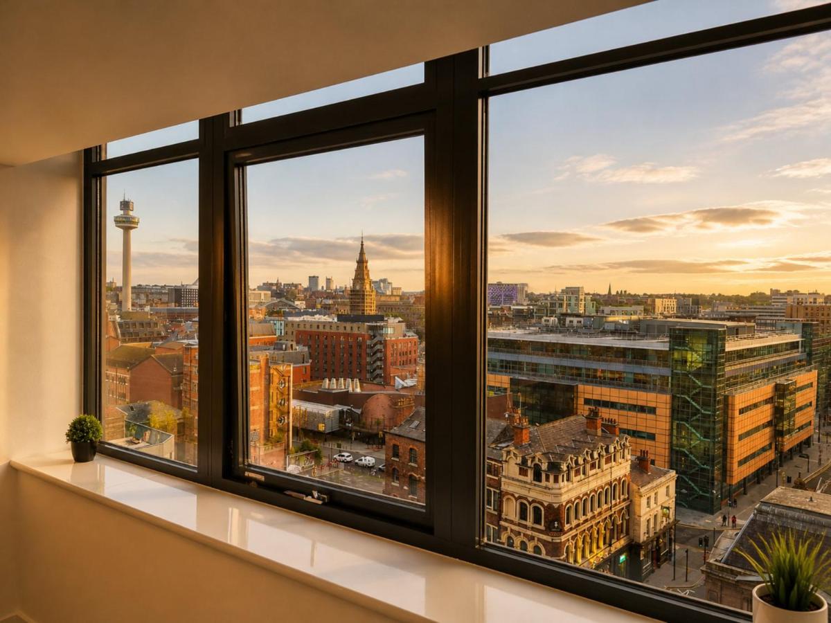 a view of a city from a window at Sidemersey Livings - 2 Bedroom Central Skyline Apartment with views and parking in Liverpool